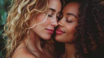 Two women sharing moment of love and attraction ideal for various concepts photo