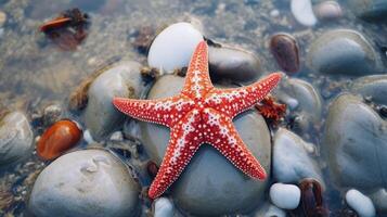 Starfish on the summer beach in sea water. Underwater ocean background, Starfish on a sandy tropical beach, Starfish on a Caribbean beach in summer make for a nice vacation photo