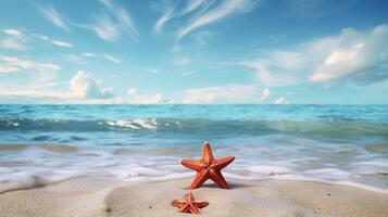 Starfish on the summer beach in sea water. Underwater ocean background, Starfish on a sandy tropical beach, Starfish on a Caribbean beach in summer make for a nice vacation photo