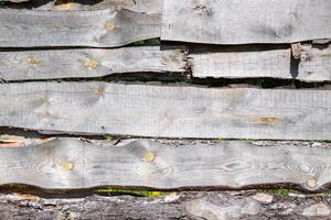 Close-up of weathered wooden fence panels with knots and grain patterns. Panels arranged horizontally with grass peeking through. Wood looks gray and worn photo