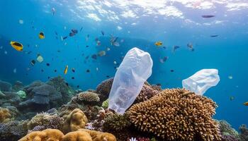 Closeup sea coral reefs with plastic bags swimming in an ocean on blurred of small fish. Ocean plastic pollution awareness concept photo