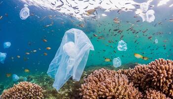 Closeup sea coral reefs with plastic bags swimming in an ocean on blurred of small fish. Ocean plastic pollution awareness concept photo