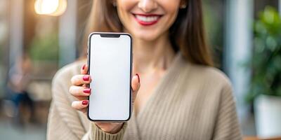 Mockup, using cell phone. Woman holding using smartphone with blank screen for display your graphic ads, mobile app. photo