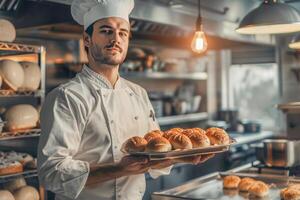 Baking concept, bread concept. A man is a baker in a bakery, holding a tray of fresh buns. photo