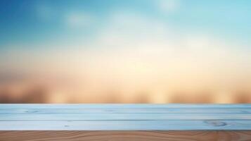 A wooden table surface with a vibrant and blurred backdrop, Empty wooden table background, product display montage,Background with empty bokeh wooden table. For designers and advertising banner photo