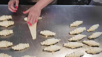 The baker forms croissants from the dough. Confectionery made from dough. Twisting the dough for Croissant production video