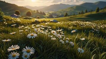 Beautiful spring and summer natural panoramic pastoral landscape with blooming field of daisies in the grass in the hilly countryside. photo