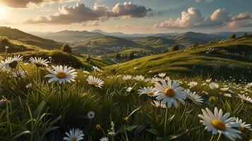 Beautiful spring and summer natural panoramic pastoral landscape with blooming field of daisies in the grass in the hilly countryside. photo