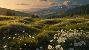 Beautiful spring and summer natural panoramic pastoral landscape with blooming field of daisies in the grass in the hilly countryside. photo