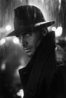 Portrait of a man spy in a hat and coat in street at night in rain. Black and white retro style photo