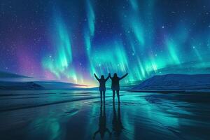 two people standing on ice of a lake on background of polar northern lights in night starry sky with aurora borealis in winter photo