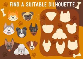 Kid game find a suitable silhouette of dog, riddle vector