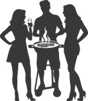 silhouette man and woman in party with barbeque grill black color only vector