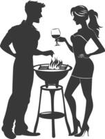silhouette man and woman in party with barbeque grill black color only vector