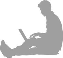 silhouette man playing on laptop while sitting cross legged black color only vector