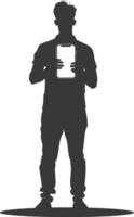 silhouette man shows a blank white screen smartphone cellphone black color only vector