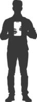 silhouette man shows a blank white screen smartphone cellphone black color only vector