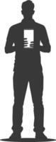 silhouette man shows a blank white screen smartphone cellphone black color only vector