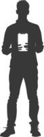 silhouette man shows a blank white screen smartphone cellphone black color only vector