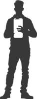 silhouette man shows a blank white screen smartphone cellphone black color only vector