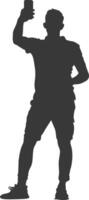 silhouette man taking selfie photo on smartphone with poses black color only vector
