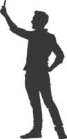 silhouette man taking selfie photo on smartphone with poses black color only vector