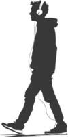 silhouette man walking while listening to headset black color only vector