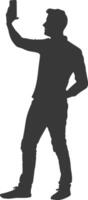 silhouette man taking selfie photo on smartphone with poses black color only vector