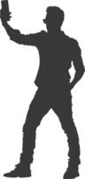 silhouette man taking selfie photo on smartphone with poses black color only vector