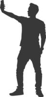 silhouette man taking selfie photo on smartphone with poses black color only vector