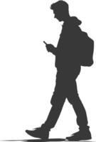 silhouette man walking while playing on smartphone black color only vector