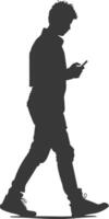 silhouette man walking while playing on smartphone black color only vector