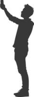 silhouette man taking selfie photo on smartphone with poses black color only vector