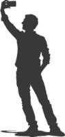 silhouette man taking selfie photo on smartphone with poses black color only vector