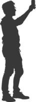 silhouette man taking selfie photo on smartphone with poses black color only vector