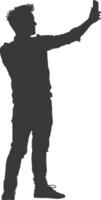 silhouette man taking selfie photo on smartphone with poses black color only vector