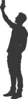 silhouette man taking selfie photo on smartphone with poses black color only vector