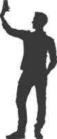 silhouette man taking selfie photo on smartphone with poses black color only vector