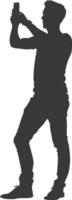 silhouette man taking selfie photo on smartphone with poses black color only vector