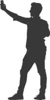 silhouette man taking selfie photo on smartphone with poses black color only vector