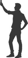 silhouette man taking selfie photo on smartphone with poses black color only vector