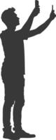 silhouette man taking selfie photo on smartphone with poses black color only vector