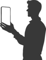silhouette man shows a blank white screen smartphone cellphone black color only vector