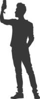 silhouette man taking selfie photo on smartphone with poses black color only vector