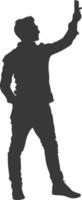 silhouette man taking selfie photo on smartphone with poses black color only vector