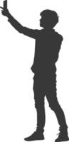 silhouette man taking selfie photo on smartphone with poses black color only vector