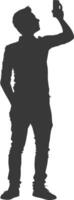 silhouette man taking selfie photo on smartphone with poses black color only vector