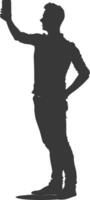 silhouette man taking selfie photo on smartphone with poses black color only vector