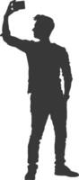 silhouette man taking selfie photo on smartphone with poses black color only vector