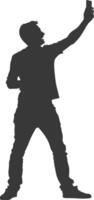 silhouette man taking selfie photo on smartphone with poses black color only vector